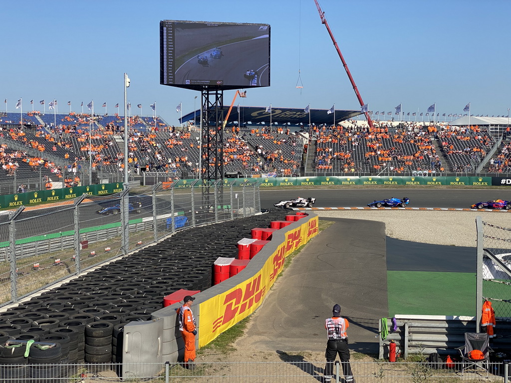 Formula 3 cars of Juan Manuel Correa, Caio Collet, Zak O`Sullivan and Jonny Edgar at the Hans Ernst Chicane at Circuit Zandvoort, viewed from the Eastside Grandstand 3, during the Formula 3 Sprint Race
