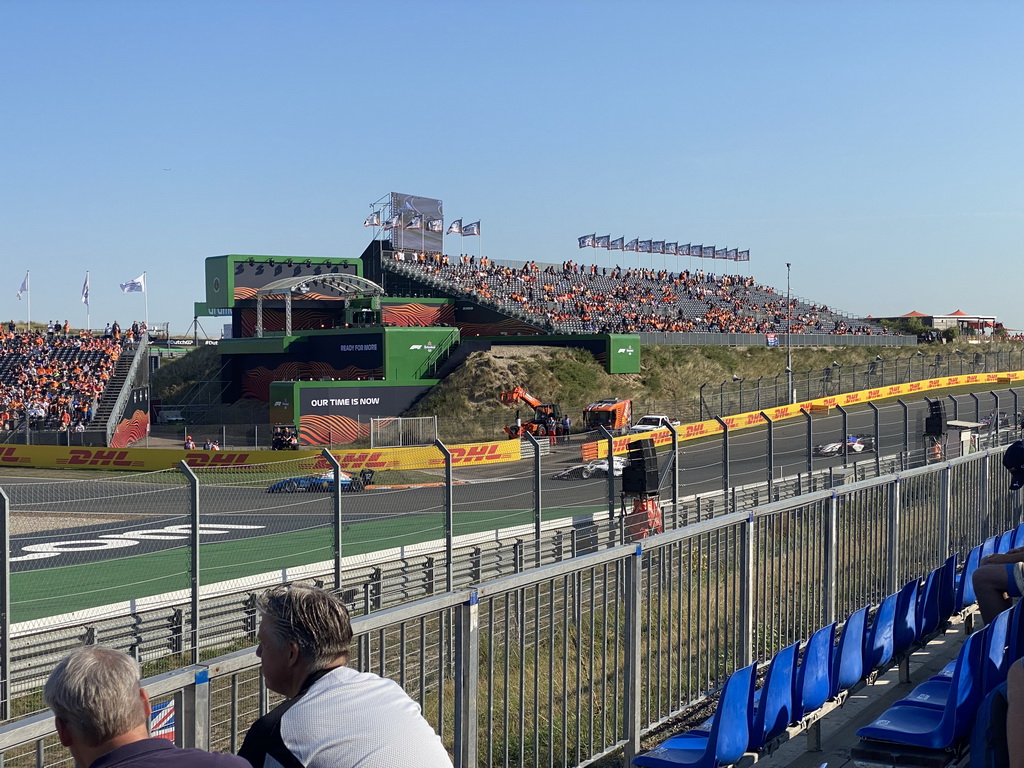 Formula 3 cars of Kush Maini, Francesco Pizzi, David Schumacher and Enzo Trulli at the Hans Ernst Chicane at Circuit Zandvoort, viewed from the Eastside Grandstand 3, during the Formula 3 Sprint Race