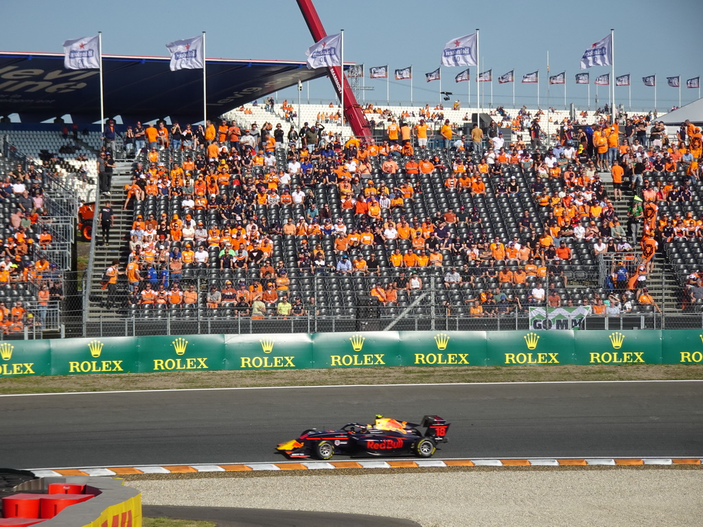 Formula 3 car of Isack Hadjar at the Hans Ernst Chicane at Circuit Zandvoort, viewed from the Eastside Grandstand 3, during the Formula 3 Sprint Race