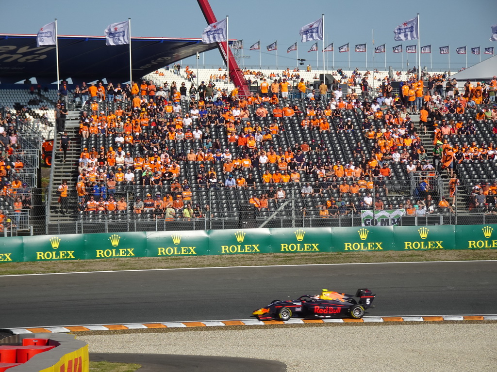 Formula 3 car of Jak Crawford at the Hans Ernst Chicane at Circuit Zandvoort, viewed from the Eastside Grandstand 3, during the Formula 3 Sprint Race