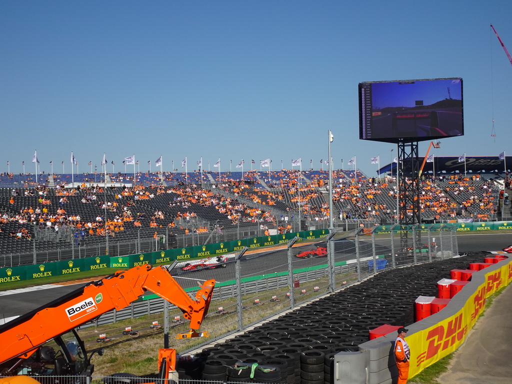 Formula 3 cars of Oliver Bearman and Alexander Smolyar at the Hans Ernst Chicane at Circuit Zandvoort, viewed from the Eastside Grandstand 3, during the Formula 3 Sprint Race