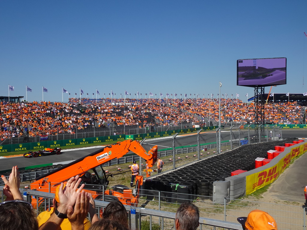 Formula 1 car of Sergio Perez at the Hans Ernst Chicane at Circuit Zandvoort, viewed from the Eastside Grandstand 3, during the Formula 1 Free Practice 3