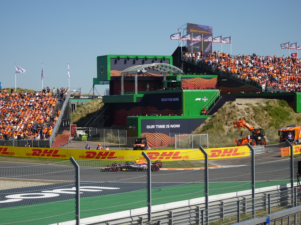 Formula 1 car of Sergio Perez at the Hans Ernst Chicane at Circuit Zandvoort, viewed from the Eastside Grandstand 3, during the Formula 1 Free Practice 3