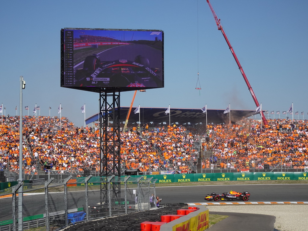 Formula 1 car of Sergio Perez at the Hans Ernst Chicane at Circuit Zandvoort, viewed from the Eastside Grandstand 3, during the Formula 1 Free Practice 3