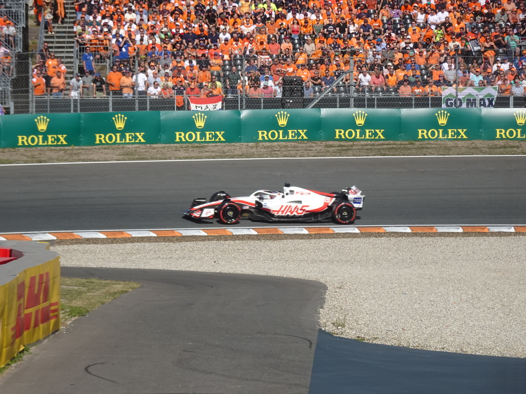 Formula 1 car of Kevin Magnussen at the Hans Ernst Chicane at Circuit Zandvoort, viewed from the Eastside Grandstand 3, during the Formula 1 Free Practice 3