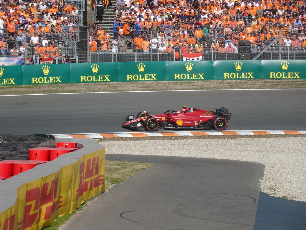 Formula 1 car of Carlos Sainz at the Hans Ernst Chicane at Circuit Zandvoort, viewed from the Eastside Grandstand 3, during the Formula 1 Free Practice 3