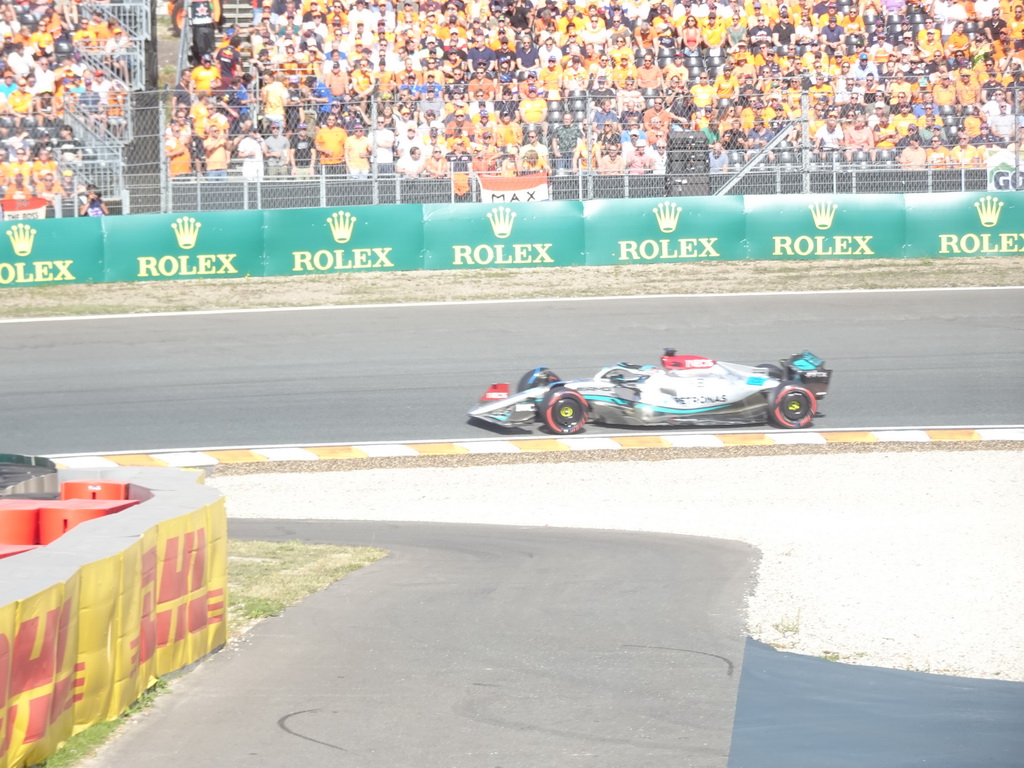 Formula 1 car of George Russell at the Hans Ernst Chicane at Circuit Zandvoort, viewed from the Eastside Grandstand 3, during the Formula 1 Free Practice 3