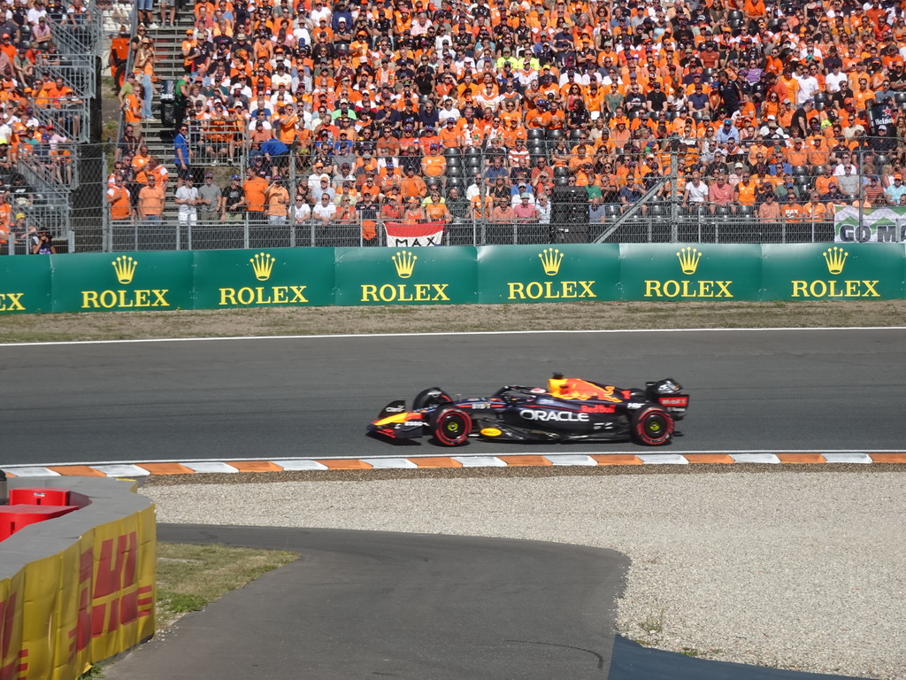 Formula 1 car of Max Verstappen at the Hans Ernst Chicane at Circuit Zandvoort, viewed from the Eastside Grandstand 3, during the Formula 1 Free Practice 3