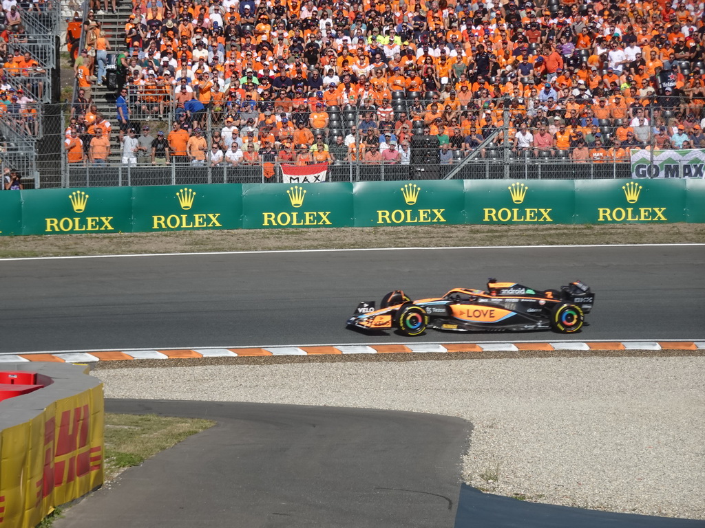 Formula 1 car of Daniel Ricciardo at the Hans Ernst Chicane at Circuit Zandvoort, viewed from the Eastside Grandstand 3, during the Formula 1 Free Practice 3