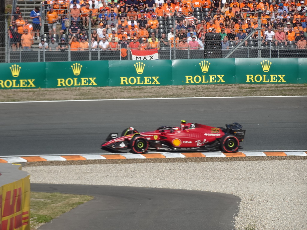 Formula 1 car of Carlos Sainz at the Hans Ernst Chicane at Circuit Zandvoort, viewed from the Eastside Grandstand 3, during the Formula 1 Free Practice 3