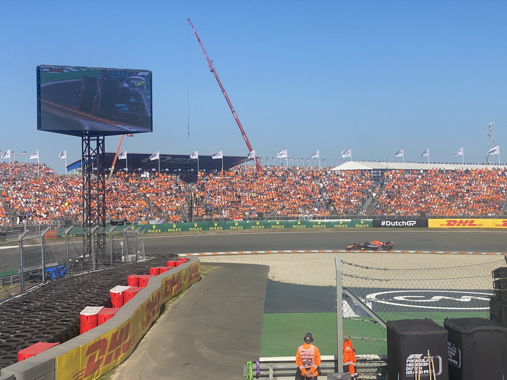 Formula 1 car of Max Verstappen at the Hans Ernst Chicane at Circuit Zandvoort, viewed from the Eastside Grandstand 3, during the Formula 1 Free Practice 3