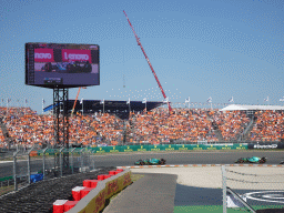 Formula 1 cars of Sebastian Vettel and Lance Stroll at the Hans Ernst Chicane at Circuit Zandvoort, viewed from the Eastside Grandstand 3, during the Formula 1 Free Practice 3