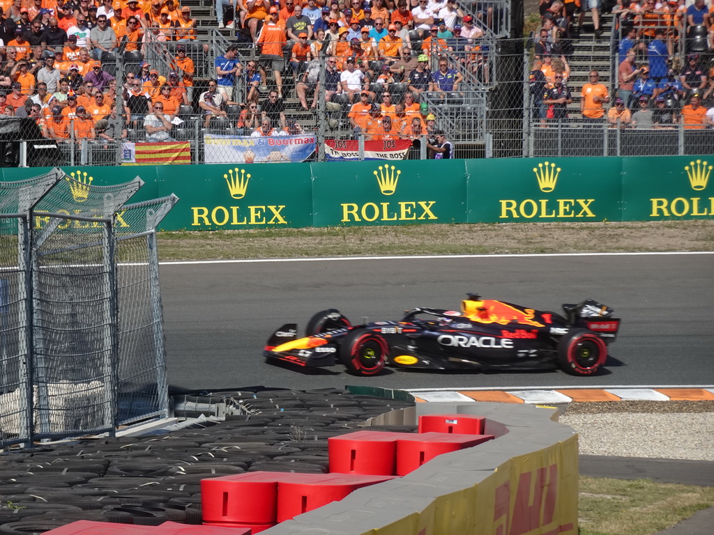 Formula 1 car of Max Verstappen at the Hans Ernst Chicane at Circuit Zandvoort, viewed from the Eastside Grandstand 3, during the Formula 1 Free Practice 3