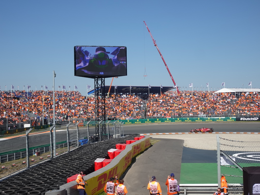 Formula 1 car of Charles Leclerc at the Hans Ernst Chicane at Circuit Zandvoort, viewed from the Eastside Grandstand 3, during the Formula 1 Free Practice 3