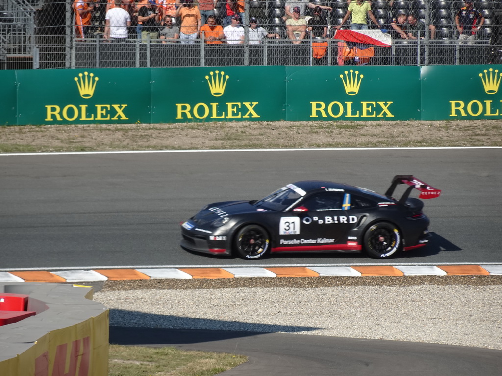 Porsche Mobil 1 Supercup car of Lukas Sundahl at the Hans Ernst Chicane at Circuit Zandvoort, viewed from the Eastside Grandstand 3, during the Porsche Mobil 1 Supercup Qualification