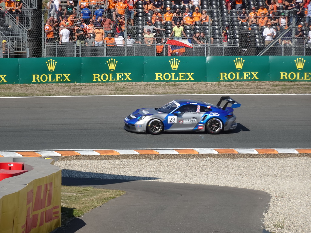 Porsche Mobil 1 Supercup car of Aaron Mason at the Hans Ernst Chicane at Circuit Zandvoort, viewed from the Eastside Grandstand 3, during the Porsche Mobil 1 Supercup Qualification