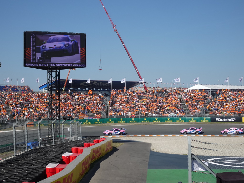 Porsche Mobil 1 Supercup cars of Dylan Pereira, Harry King and Bastian Buus at the Hans Ernst Chicane at Circuit Zandvoort, viewed from the Eastside Grandstand 3, during the Porsche Mobil 1 Supercup Qualification