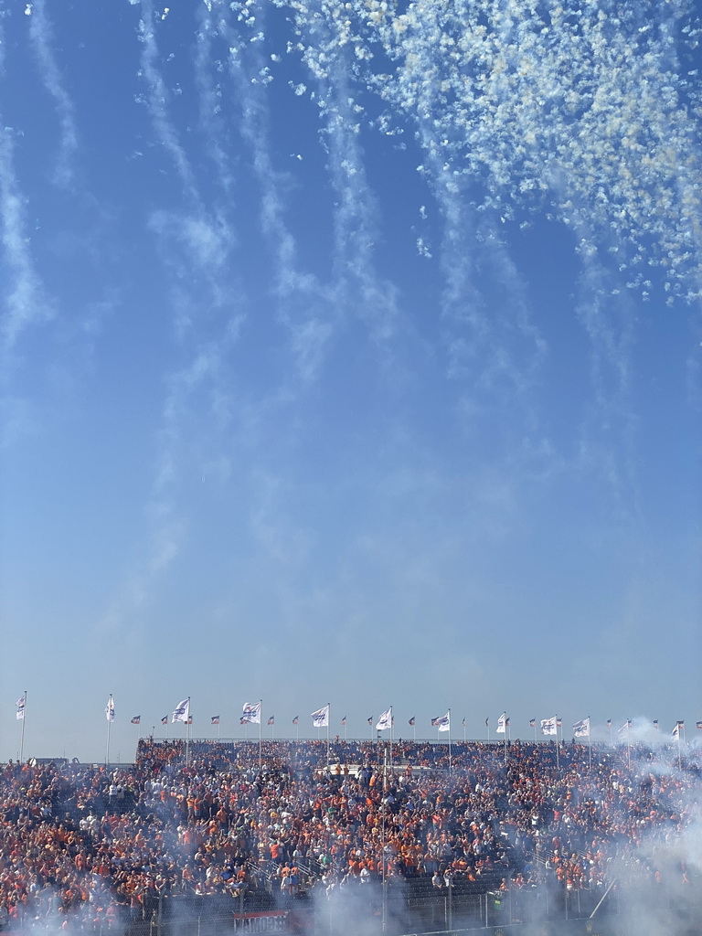 Fireworks above the Arena Grandstands at Circuit Zandvoort, viewed from the Eastside Grandstand 3, during the Formula 1 Pre-Qualification Show