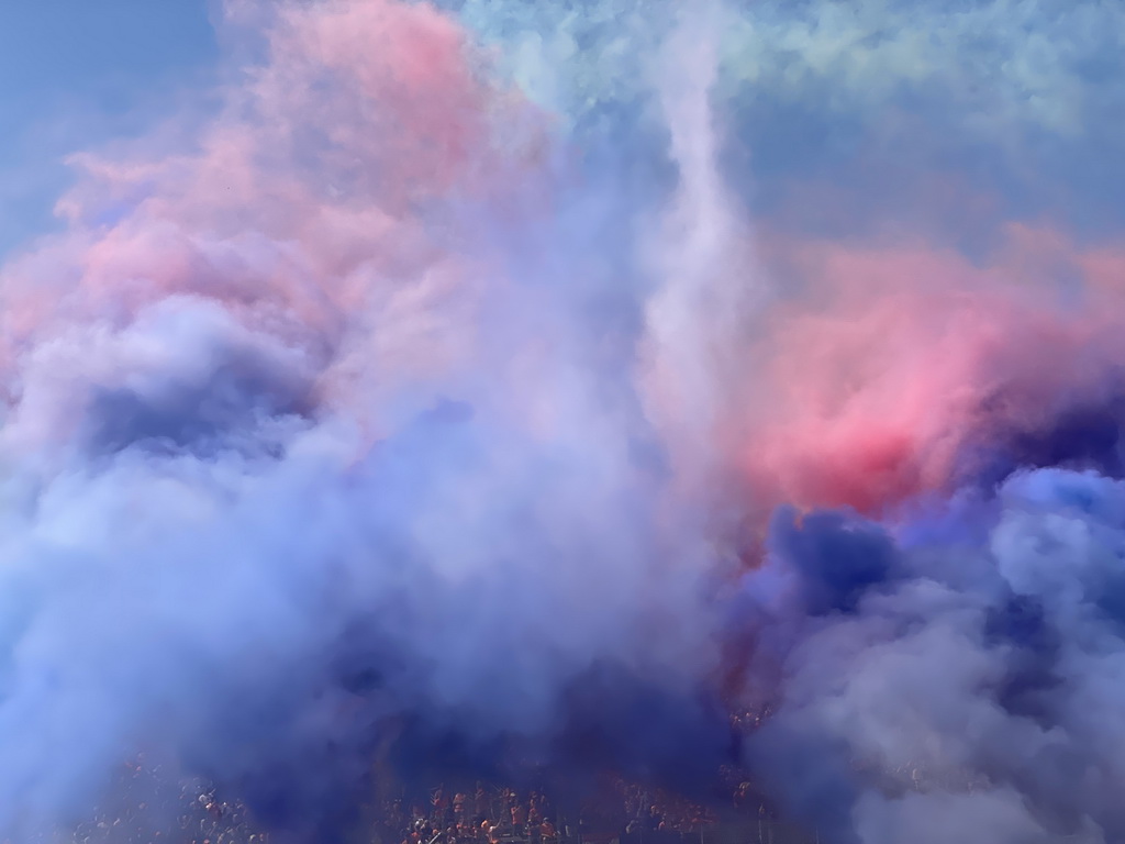 Smoke above the Arena Grandstands at Circuit Zandvoort, viewed from the Eastside Grandstand 3, during the Formula 1 Pre-Qualification Show