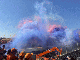 Smoke above the Arena Grandstands at Circuit Zandvoort, viewed from the Eastside Grandstand 3, during the Formula 1 Pre-Qualification Show