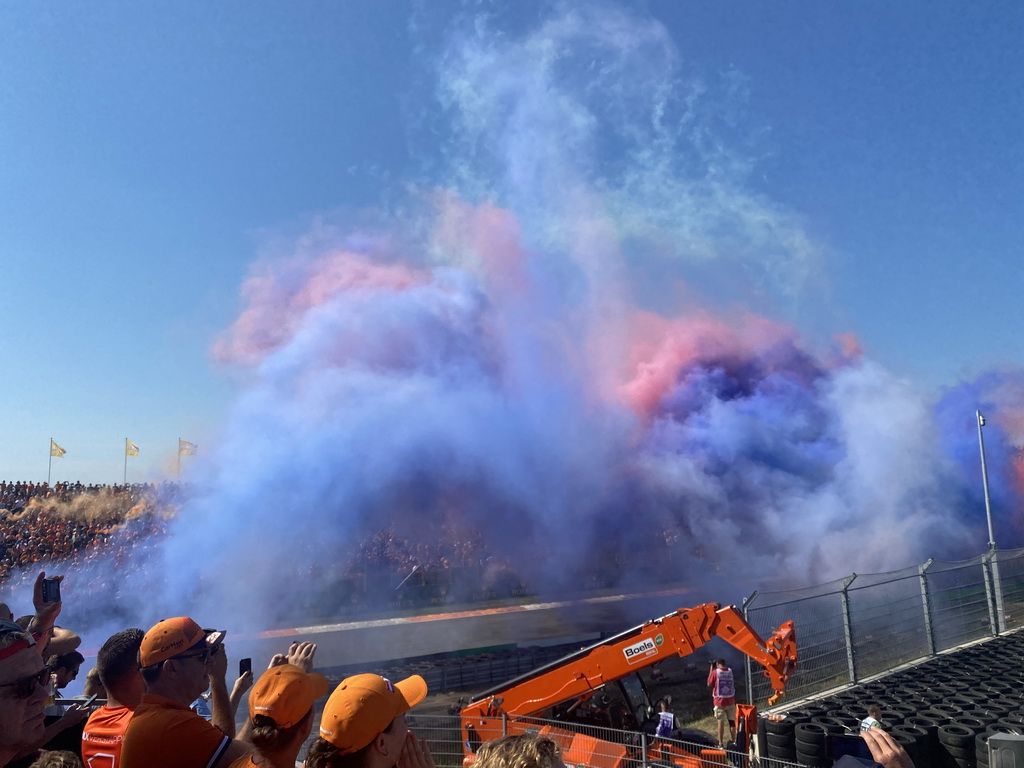 Smoke above the Arena Grandstands at Circuit Zandvoort, viewed from the Eastside Grandstand 3, during the Formula 1 Pre-Qualification Show