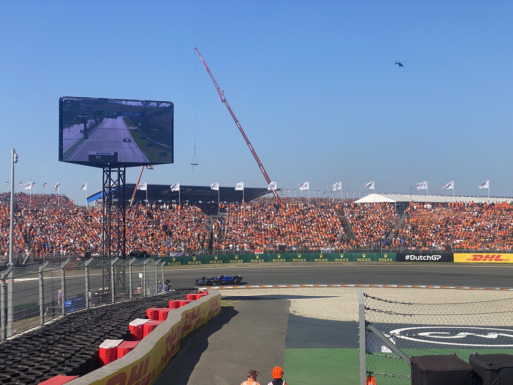 Formula 1 car of Nicholas Latifi at the Hans Ernst Chicane at Circuit Zandvoort, viewed from the Eastside Grandstand 3, during the Formula 1 Qualification Session 1