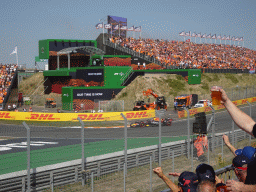 Formula 1 car of Max Verstappen at the Hans Ernst Chicane at Circuit Zandvoort, viewed from the Eastside Grandstand 3, during the Formula 1 Qualification Session 1