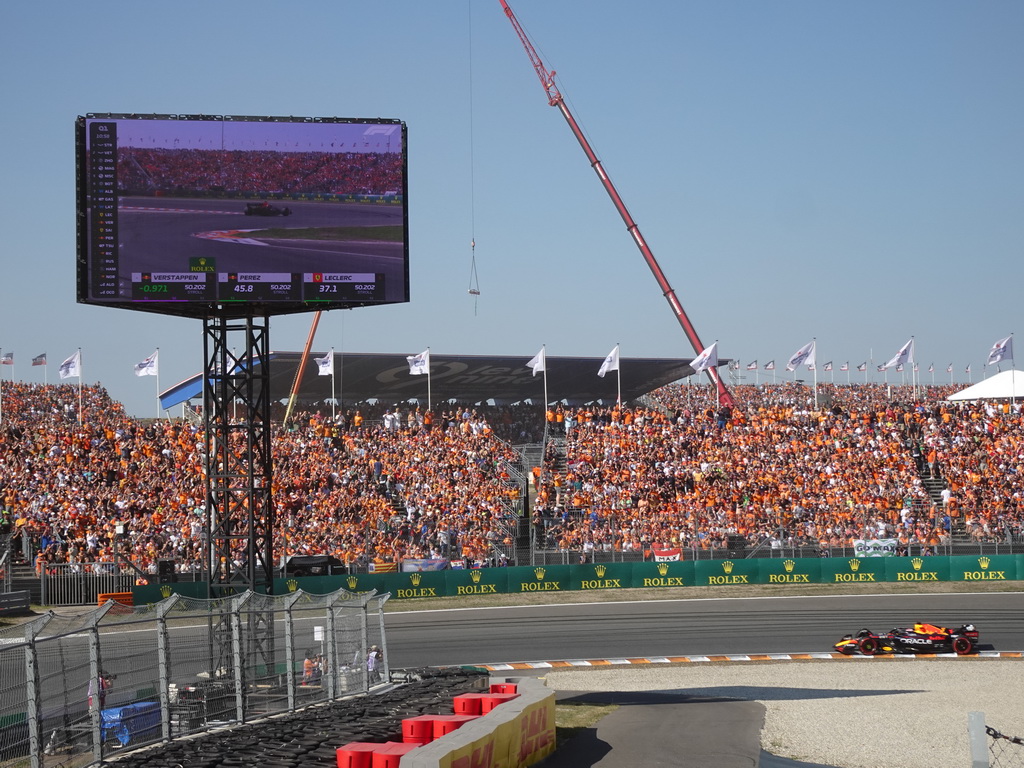 Formula 1 car of Max Verstappen at the Hans Ernst Chicane at Circuit Zandvoort, viewed from the Eastside Grandstand 3, during the Formula 1 Qualification Session 1