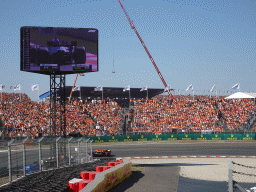 Formula 1 car of Max Verstappen at the Hans Ernst Chicane at Circuit Zandvoort, viewed from the Eastside Grandstand 3, during the Formula 1 Qualification Session 1