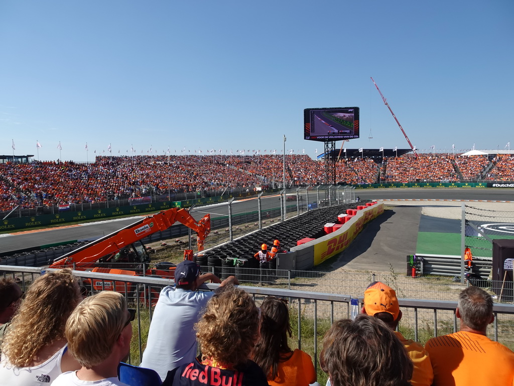 Formula 1 car of Charles Leclerc at the Hans Ernst Chicane at Circuit Zandvoort, viewed from the Eastside Grandstand 3, during the Formula 1 Qualification Session 2