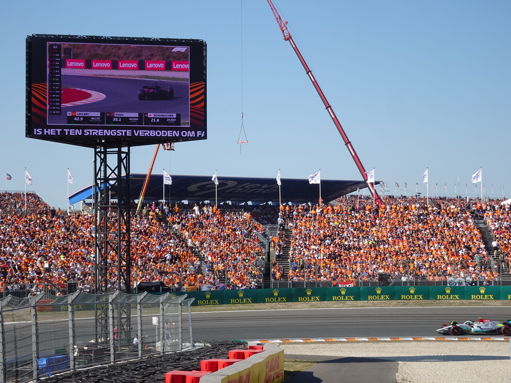 Formula 1 car of Lewis Hamilton at the Hans Ernst Chicane at Circuit Zandvoort, viewed from the Eastside Grandstand 3, during the Formula 1 Qualification Session 2