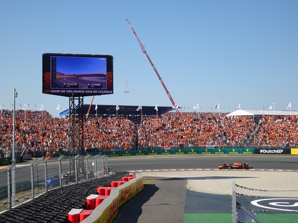 Formula 1 car of Max Verstappen at the Hans Ernst Chicane at Circuit Zandvoort, viewed from the Eastside Grandstand 3, during the Formula 1 Qualification Session 3