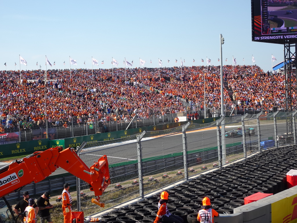 Formula 1 car of Lewis Hamilton at the Hans Ernst Chicane at Circuit Zandvoort, viewed from the Eastside Grandstand 3, during the Formula 1 Qualification Session 3