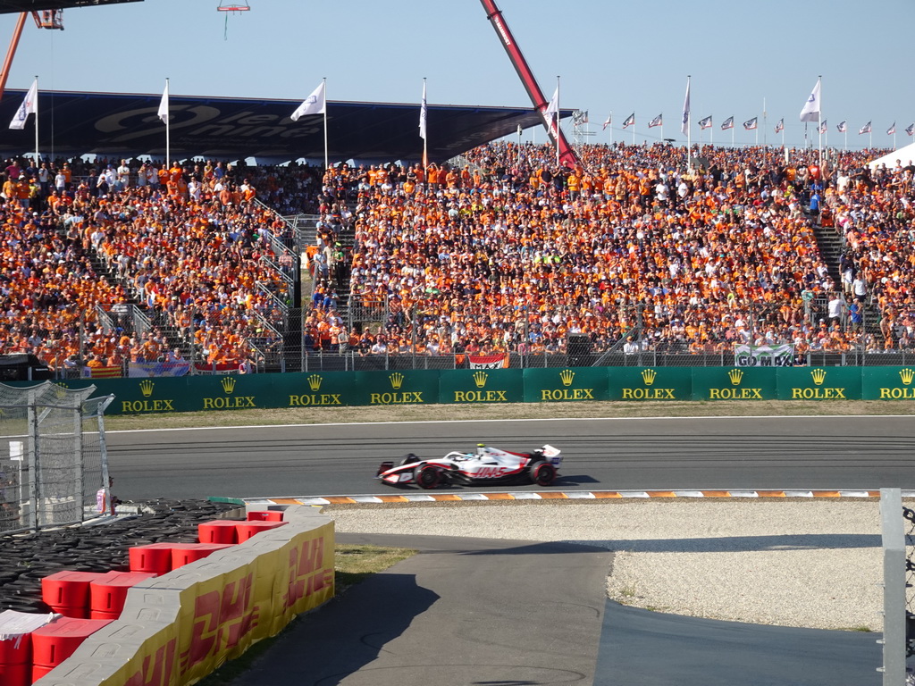 Formula 1 car of Mick Schumacher at the Hans Ernst Chicane at Circuit Zandvoort, viewed from the Eastside Grandstand 3, during the Formula 1 Qualification Session 3