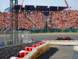 Formula 1 car of Max Verstappen at the Hans Ernst Chicane at Circuit Zandvoort, viewed from the Eastside Grandstand 3, during the Formula 1 Qualification Session 3