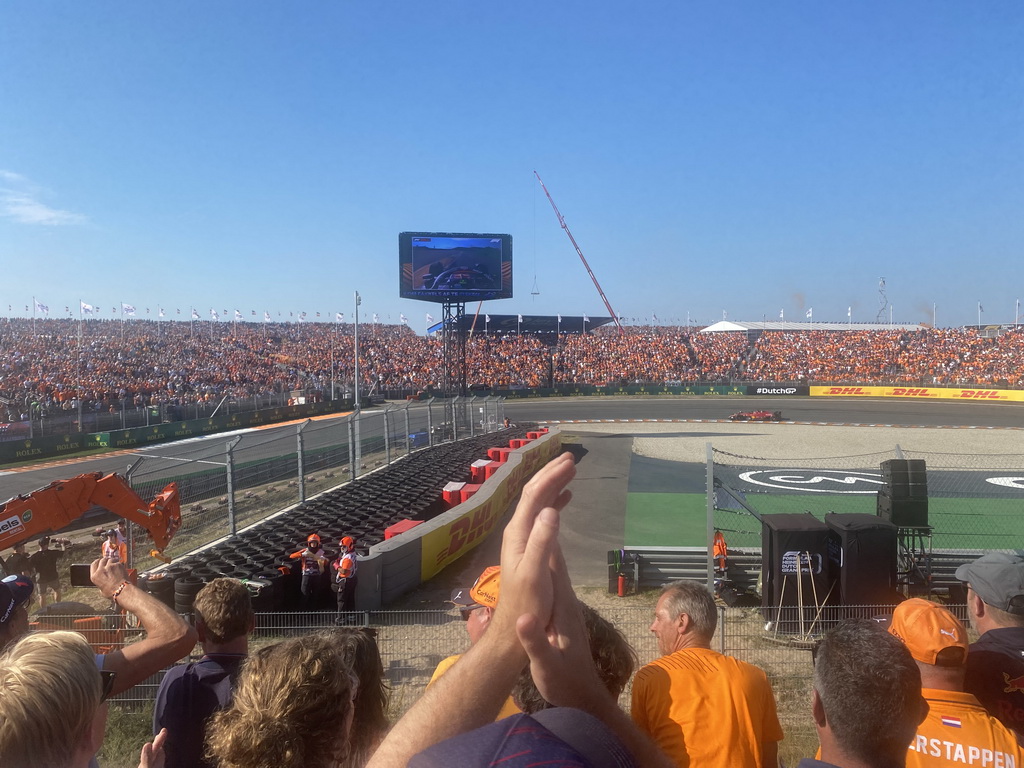 Formula 1 car of Carlos Sainz at the Hans Ernst Chicane at Circuit Zandvoort, viewed from the Eastside Grandstand 3, right after the Formula 1 Qualification Session 3