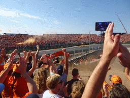 Formula 1 car of Max Verstappen at the Hans Ernst Chicane at Circuit Zandvoort, viewed from the Eastside Grandstand 3, right after the Formula 1 Qualification Session 3