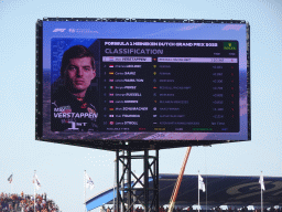 TV screen with the results of the Formula 1 Qualification Session 3 at Circuit Zandvoort, viewed from the Eastside Grandstand 3, right after the Formula 1 Qualification Session 3