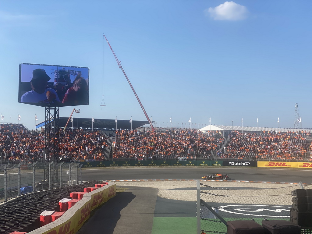 Formula 2 car of Liam Lawson at the Hans Ernst Chicane at Circuit Zandvoort, viewed from the Eastside Grandstand 3, just before the Formula 2 Sprint Race