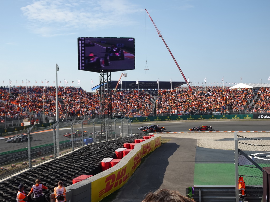 Formula 2 cars of Frederik Vesti, Amaury Cordeel, Enzo Fittipaldi, Théo Pourchaire, David Beckmann and Jehan Daruvala at the Hans Ernst Chicane at Circuit Zandvoort, viewed from the Eastside Grandstand 3, during the Formula 2 Sprint Race