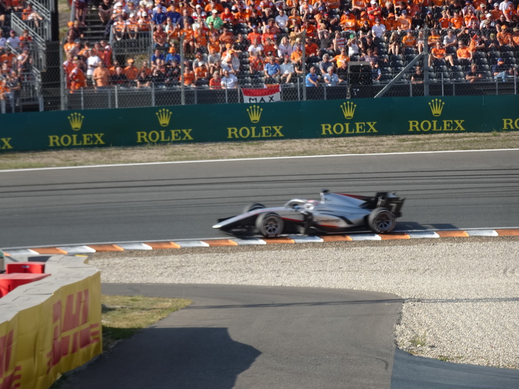 Formula 2 car of Marcus Armstrong at the Hans Ernst Chicane at Circuit Zandvoort, viewed from the Eastside Grandstand 3, during the Formula 2 Sprint Race