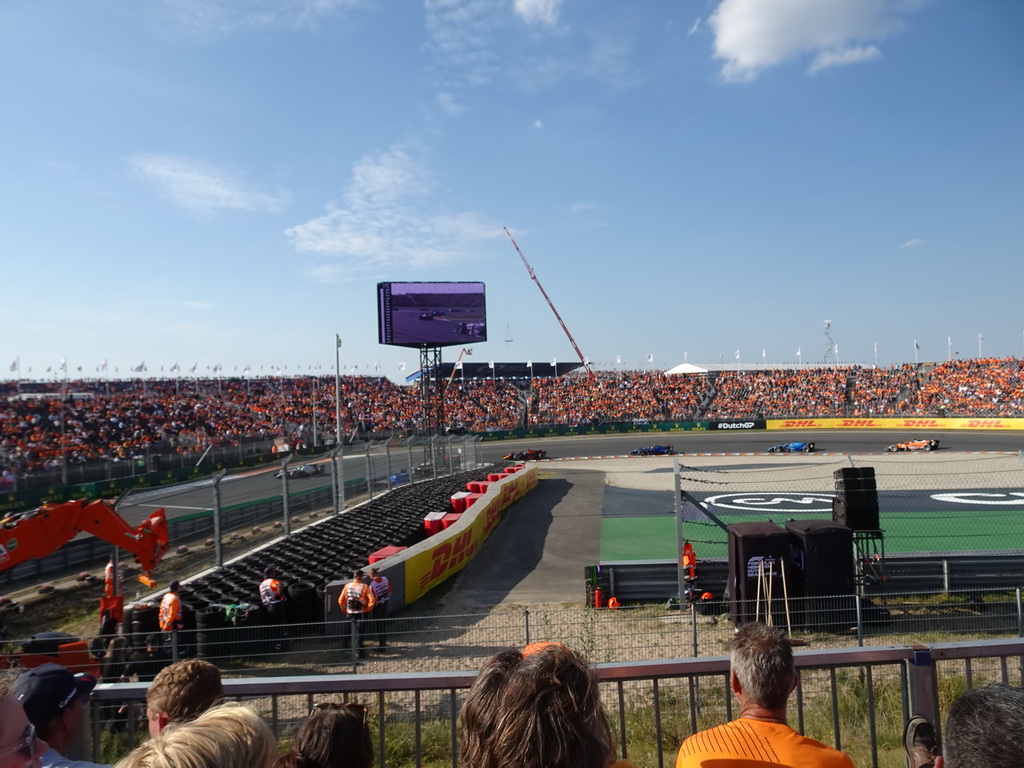 Formula 2 cars of Jüri Vips, Richard Verschoor, Ayumu Iwasa, Logan Sargeant, Jack Doohan and Felipe Drugovich at the Hans Ernst Chicane at Circuit Zandvoort, viewed from the Eastside Grandstand 3, during the Formula 2 Sprint Race