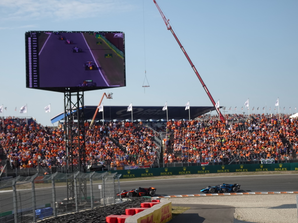 Formula 2 cars of David Beckmann and Roy Nissany at the Hans Ernst Chicane at Circuit Zandvoort, viewed from the Eastside Grandstand 3, during the Formula 2 Sprint Race