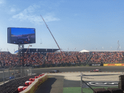 Formula 2 cars of Liam Lawson, Jüri Vips and Richard Verschoor at the Hans Ernst Chicane at Circuit Zandvoort, viewed from the Eastside Grandstand 3, during the Formula 2 Sprint Race