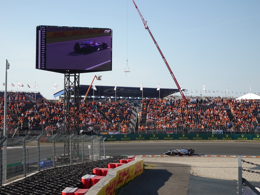 Formula 2 car of Marcus Armstrong at the Hans Ernst Chicane at Circuit Zandvoort, viewed from the Eastside Grandstand 3, during the Formula 2 Sprint Race