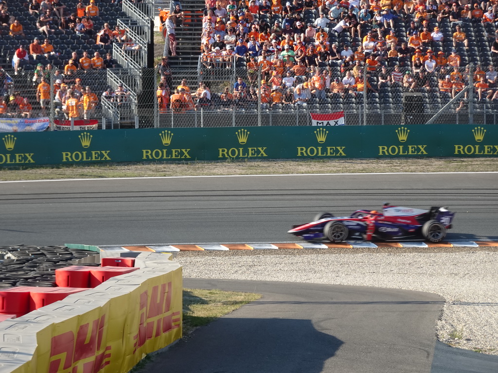 Formula 2 car of Richard Verschoor at the Hans Ernst Chicane at Circuit Zandvoort, viewed from the Eastside Grandstand 3, during the Formula 2 Sprint Race