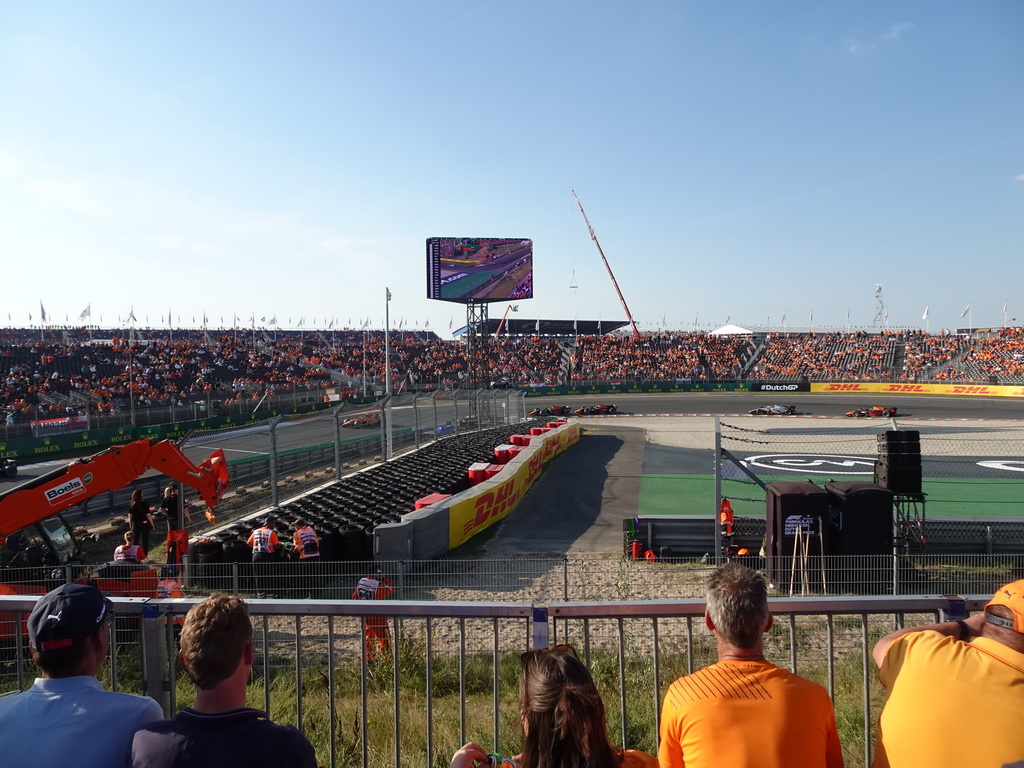 Formula 2 cars of Clément Novalak, Dennis Hauger, Liam Lawson, Jüri Vips and Ayumu Iwasa at the Hans Ernst Chicane at Circuit Zandvoort, viewed from the Eastside Grandstand 3, during the Formula 2 Sprint Race