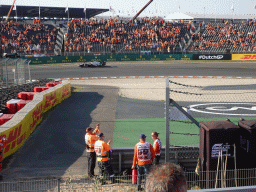 Formula 2 car of Marcus Armstrong at the main straight at Circuit Zandvoort, viewed from the Eastside Grandstand 3, right after the Formula 2 Sprint Race