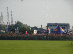 Fans walking on the Duintjesveldweg road to Circuit Zandvoort, viewed from the Miami parking lot at the hockey fields of SV Zandvoort