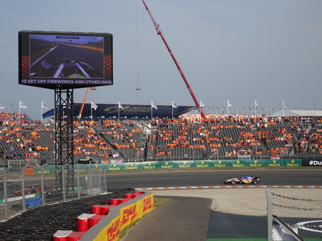 Formula 2 car of Enzo Fittipaldi at the Hans Ernst Chicane at Circuit Zandvoort, viewed from the Eastside Grandstand 3, during the formation lap of the Formula 2 Feature Race